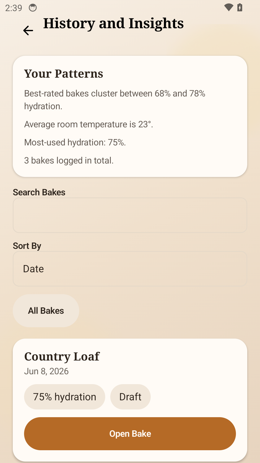 SourdoughLab history and insights screen