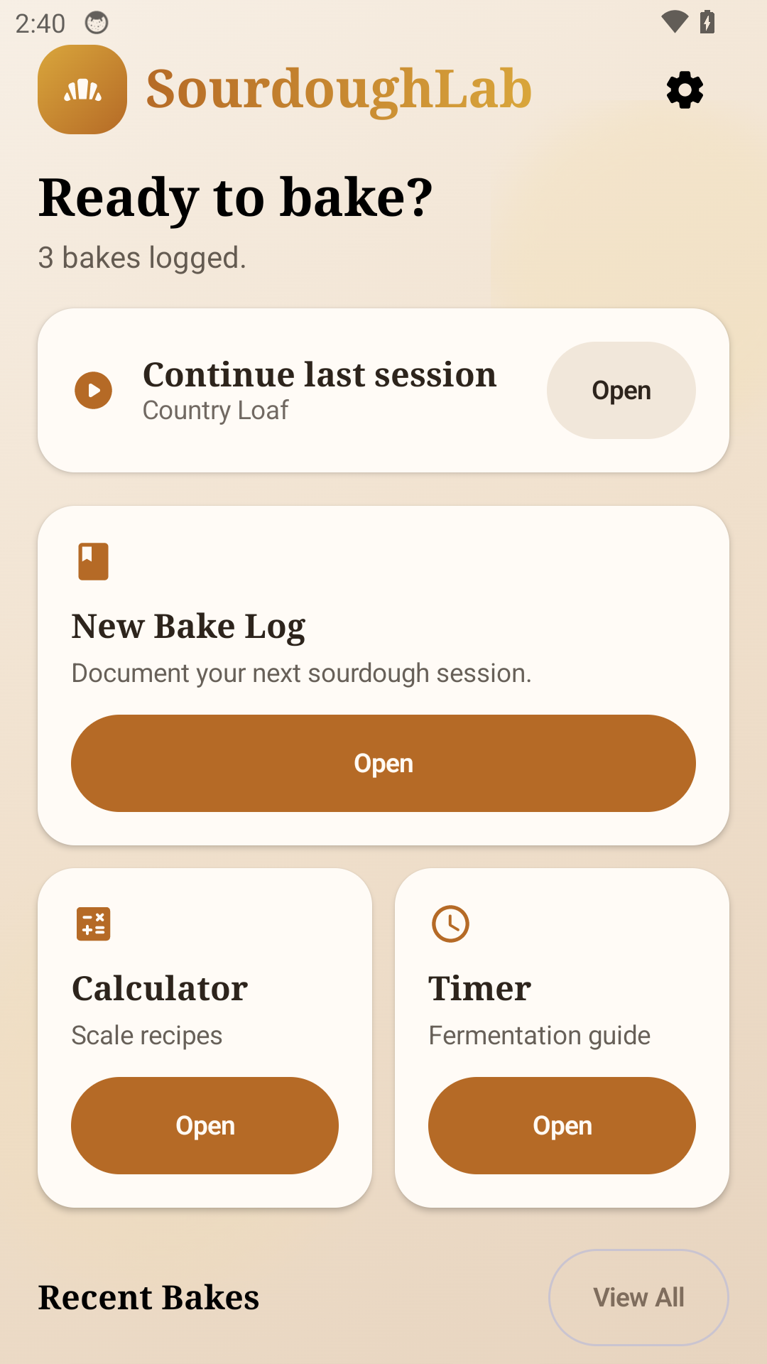 SourdoughLab home screen