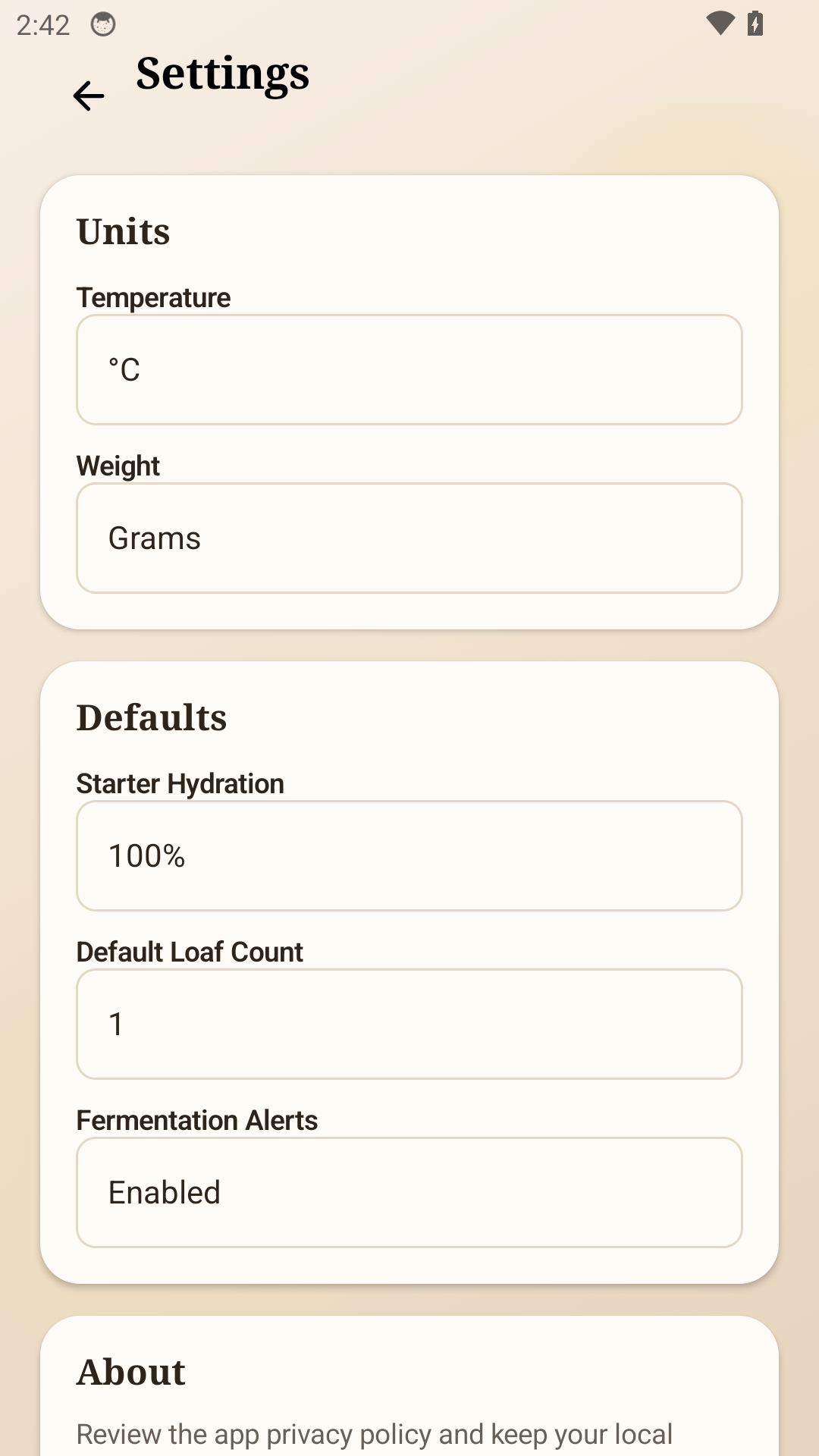 SourdoughLab settings screen